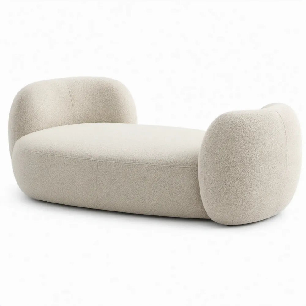 Crèmekleurige bouclé tweezitsbank met afgeronde armleuningen, 180 x 85 x 72 cm