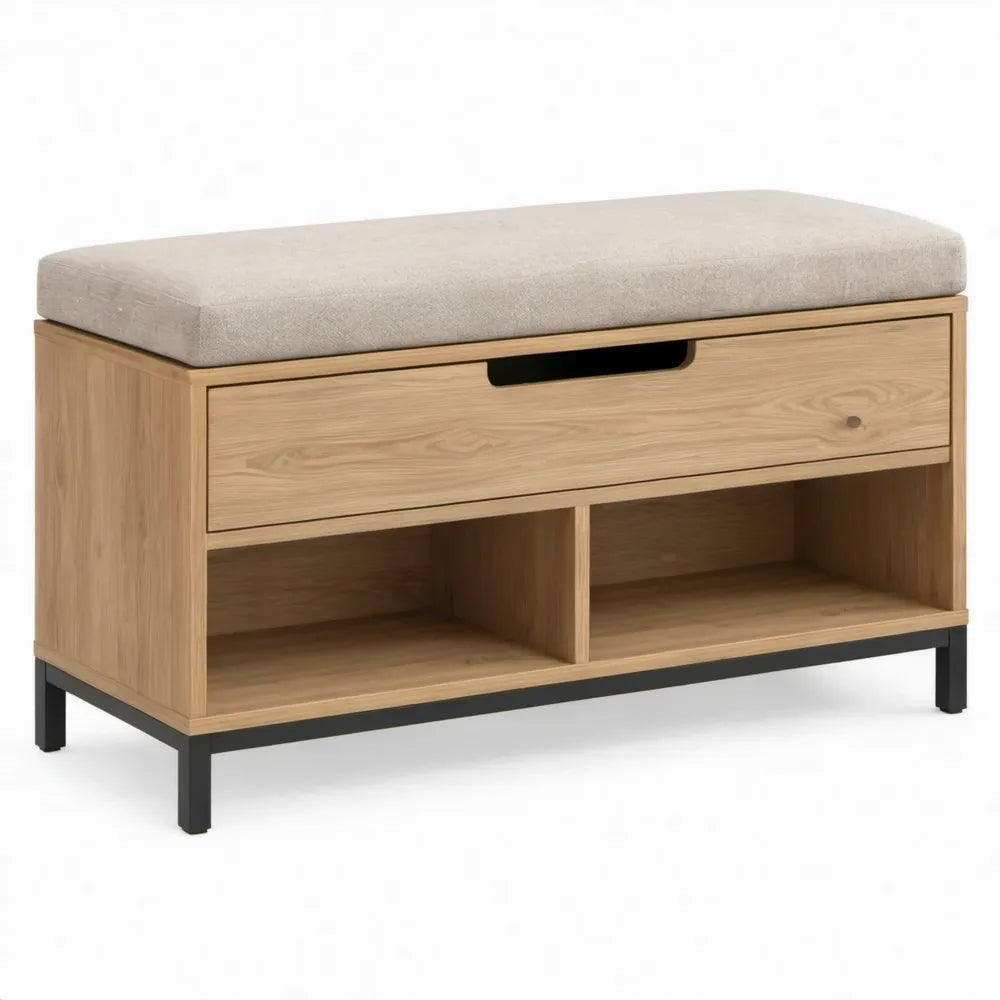 Eikenkleurige opbergbank met beige zitkussen en zwarte poten, 100 x 40 x 50 cm