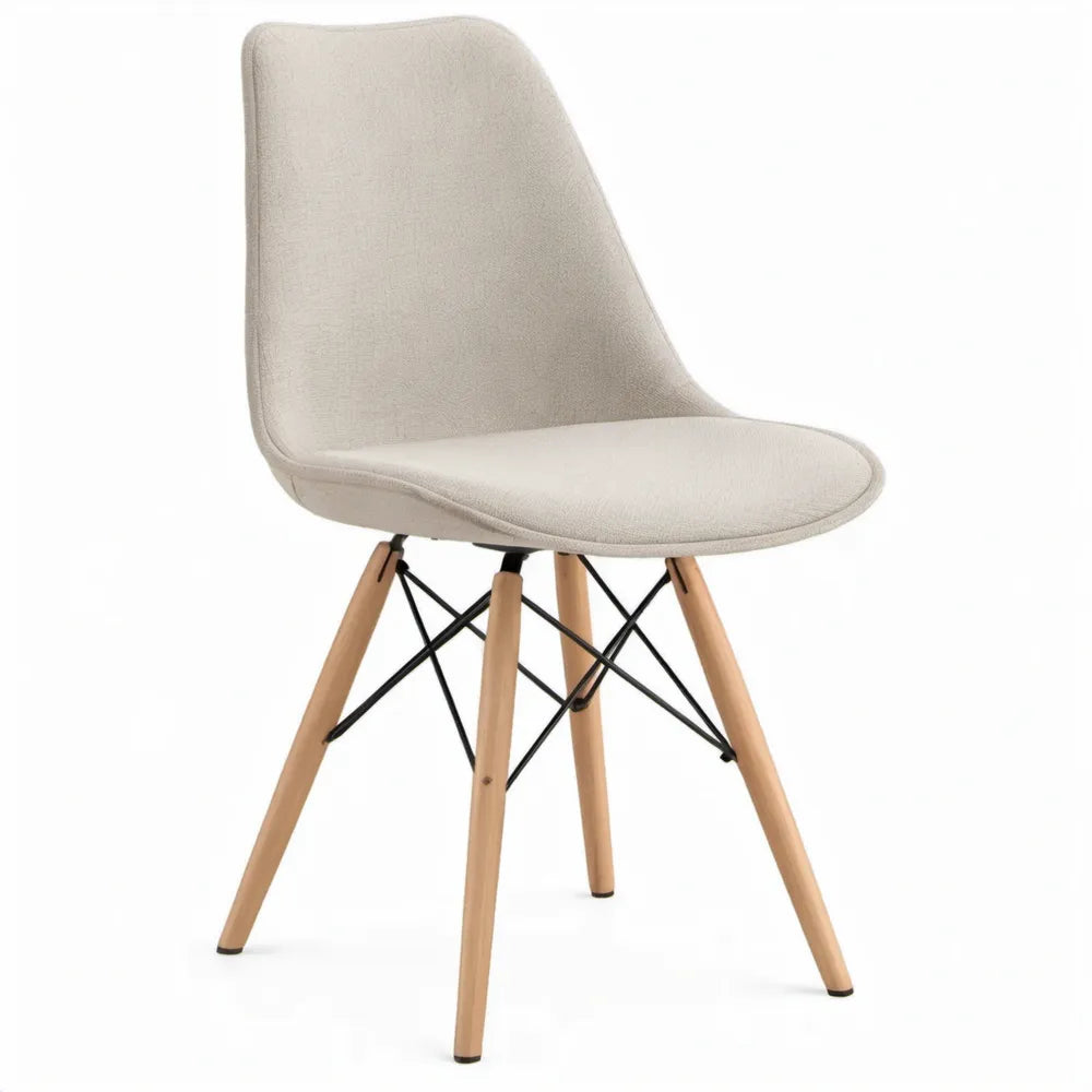 Eetkamerstoel met hoge rugleuning, crèmekleurige polyester bekleding en beukenhouten poten, 82 x 48 x 54 cm