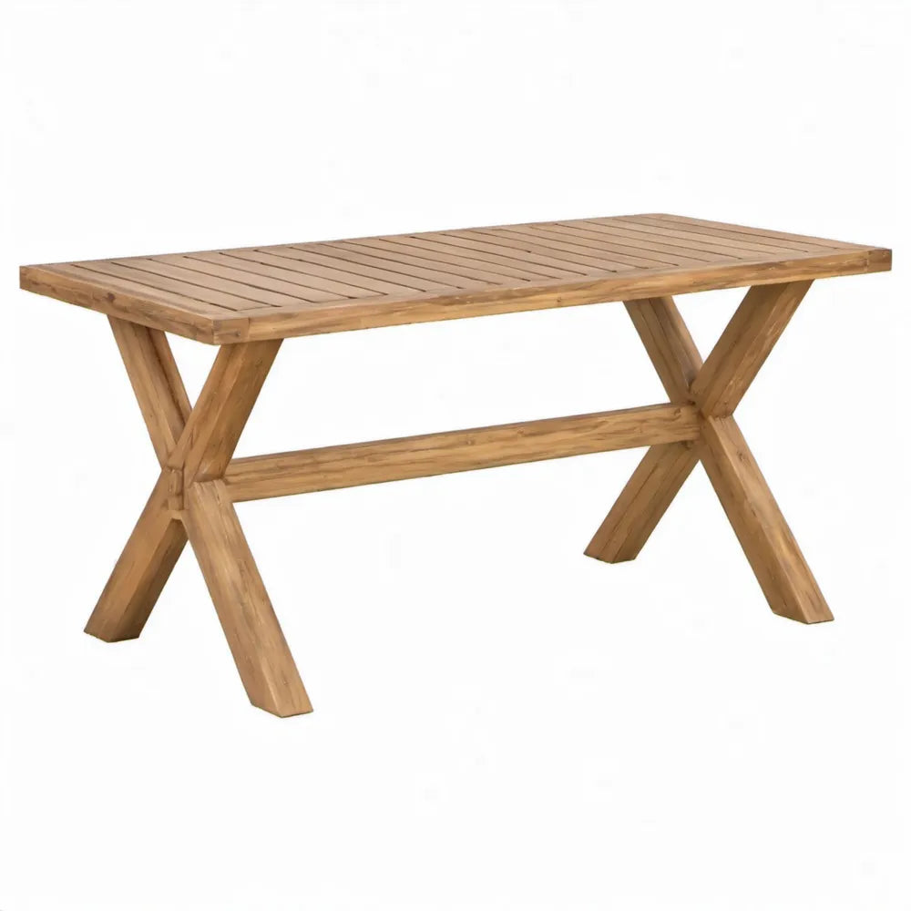 Eettafel 180 x 90 x 75 cm van massief teakhout met X-poten, naturel bruin