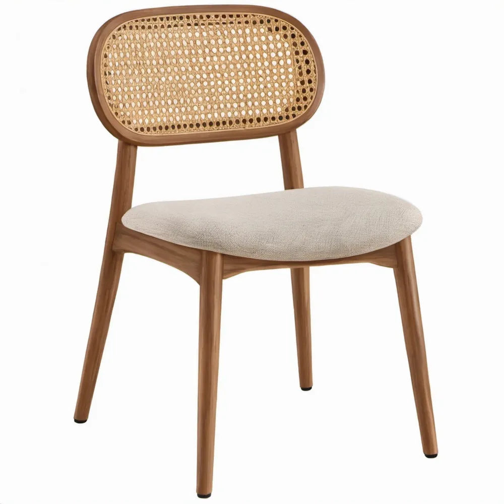 Eetkamerstoel van massief rubberhout met rotan rugleuning en beige polyester zitting, 50 x 55 x 82 cm