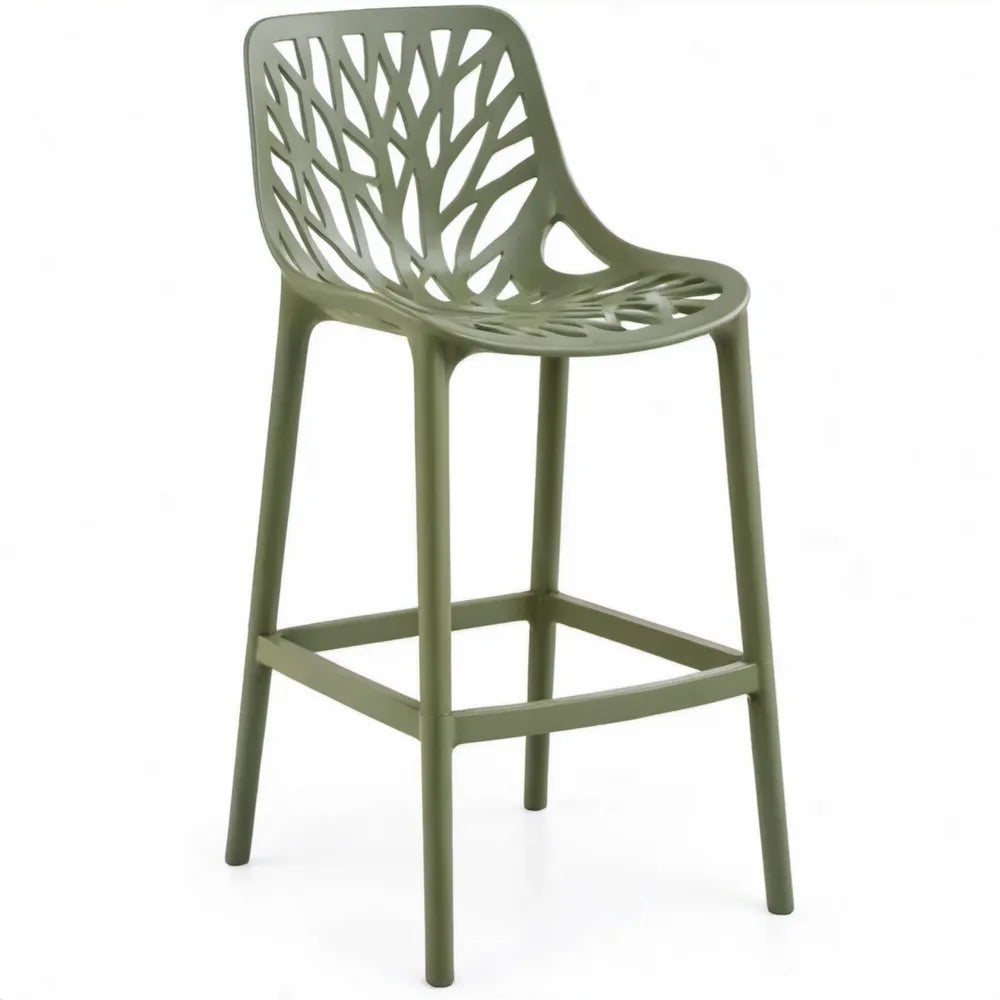 Olijfgroene barkruk van polypropyleen met bladrugleuning, 49 x 54 x 112 cm, zithoogte 75 cm