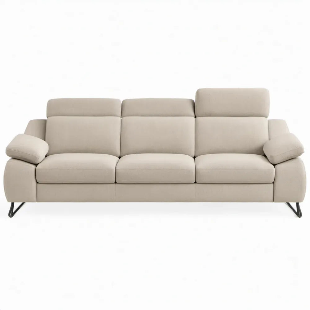 Beige 3-zitsbank met zwarte stalen poten, 220 x 95 x 98 cm