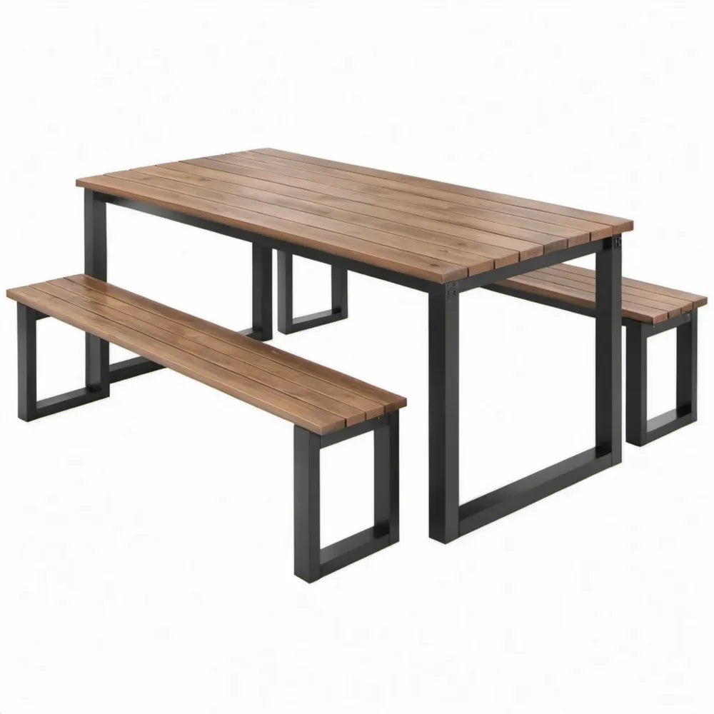 Picknicktafelset met 2 banken, massief acaciahout en zwart staal, bruin/zwart, tafel 180 x 75 x 75 cm