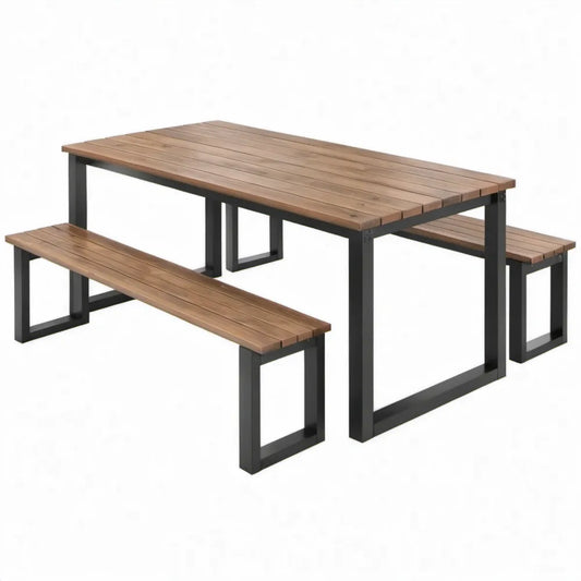 Picknicktafelset met 2 banken, massief acaciahout en zwart staal, bruin/zwart, tafel 180 x 75 x 75 cm