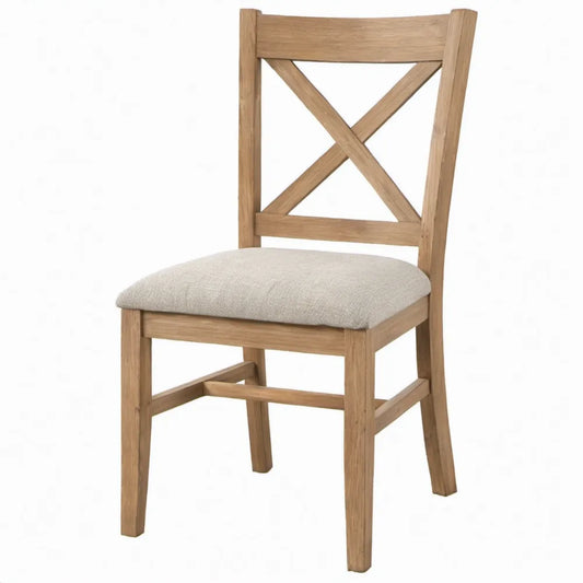 Eetkamerstoel met kruisrugleuning van massief eikenhout en beige zitting, 45 x 55 x 95 cm