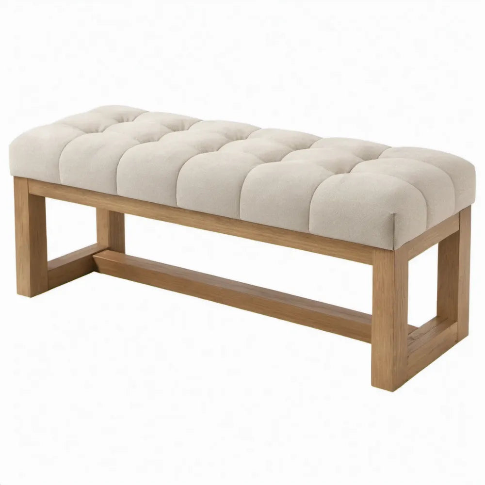Gestoffeerde halbank 120 x 40 x 46 cm met beige polyester en massief eikenhout