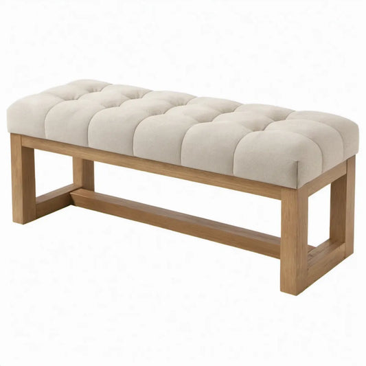 Gestoffeerde halbank 120 x 40 x 46 cm met beige polyester en massief eikenhout