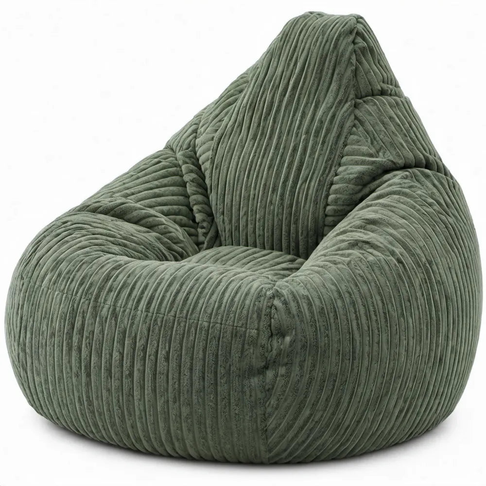 Groene druppelvormige zitzakfauteuil van ribfluweel met EPS-vulling, 90 x 90 x 100 cm