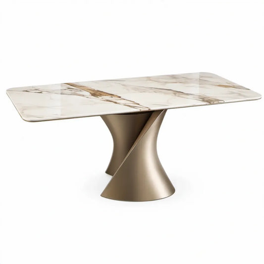 Eettafel 180 x 90 x 75 cm rechthoekig keramiek wit marmerpatroon met champagnekleurig stalen onderstel
