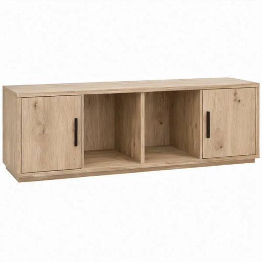 TV-meubel van massief eikenhout met 2 deuren en 2 open vakken, 160 x 40 x 55 cm, Naturel/Zwart
