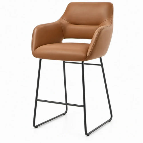 Barkruk met armleuningen, cognac PU-kunstleer, zwart stalen sledeframe, 54 x 55 x 100 cm