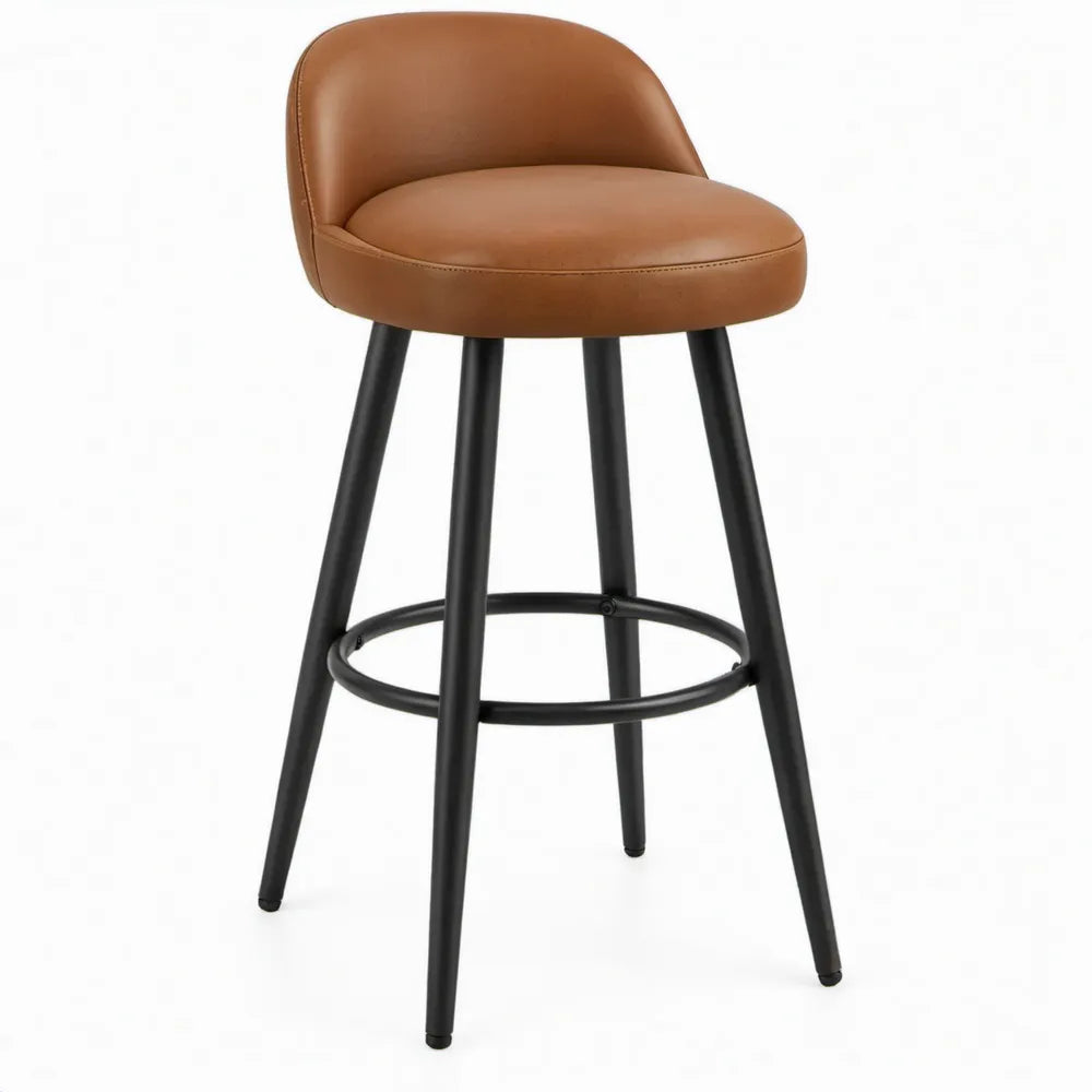Barkruk met rugleuning, cognac PU-kunstleer en zwart staal, 96 x 49 x 53 cm