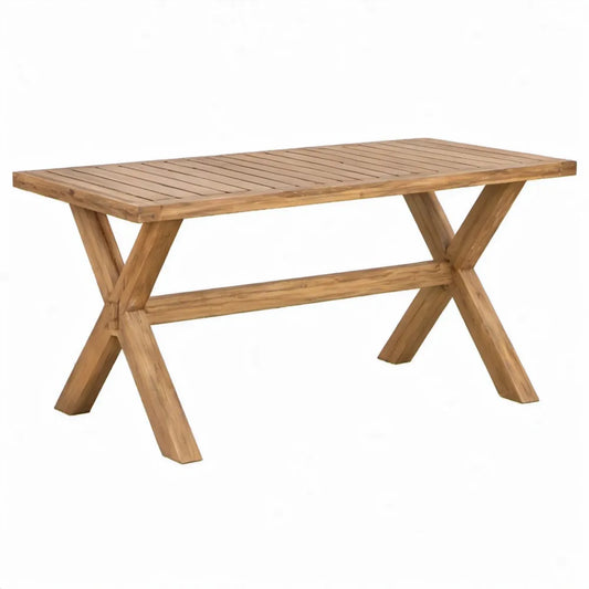 Eettafel 180 x 90 x 75 cm van massief teakhout met X-poten, naturel bruin