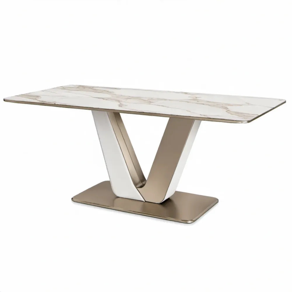 Eettafel 180 x 90 x 75 cm met wit keramisch blad en champagnekleurige V-poot