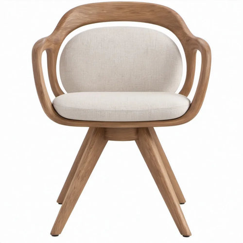 Loungestoel met armleuningen van naturelbruin rubberhout en beige polyester, 61 x 58 x 78 cm