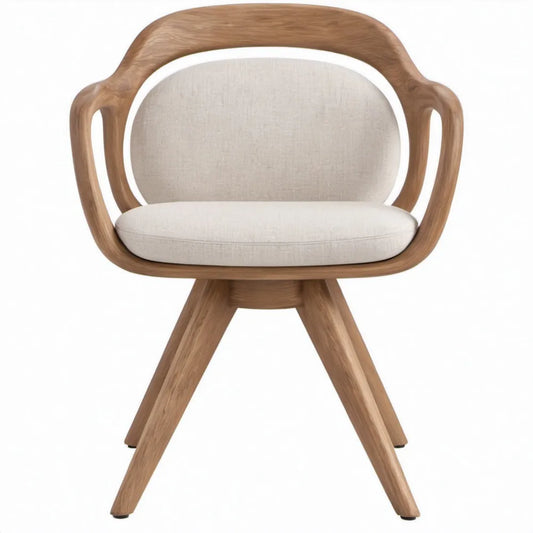 Loungestoel met armleuningen van naturelbruin rubberhout en beige polyester, 61 x 58 x 78 cm