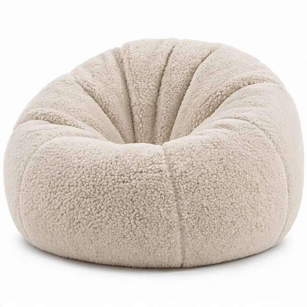 Ronde zitzakstoel van teddy polyester, crème, 80 x 80 x 70 cm