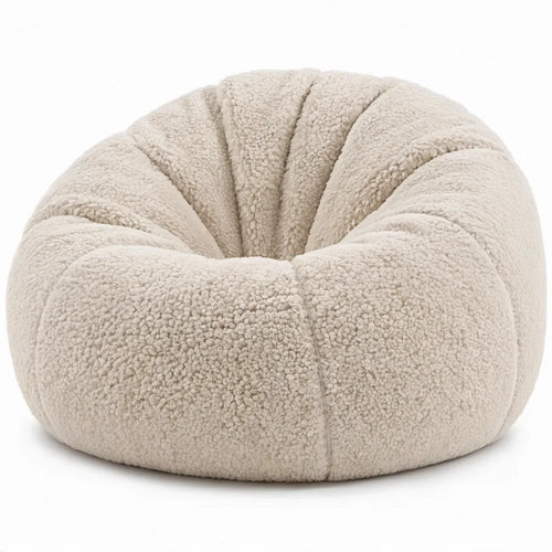 Ronde zitzakstoel van teddy polyester, crème, 80 x 80 x 70 cm