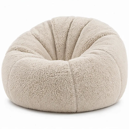 Ronde zitzakstoel van teddy polyester, crème, 80 x 80 x 70 cm