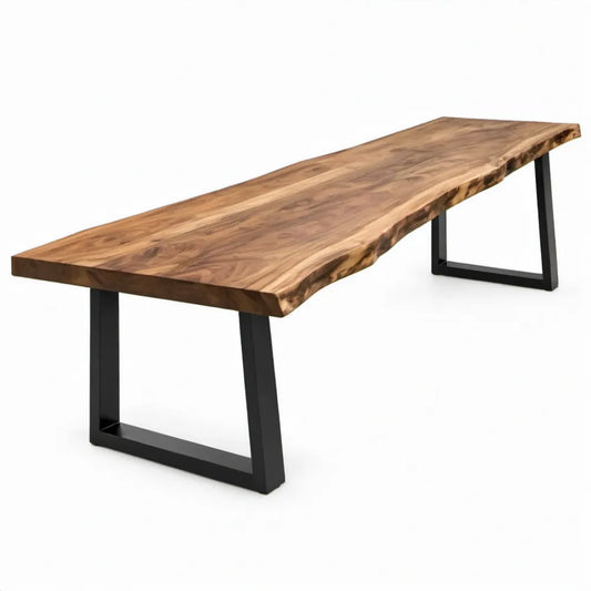 Eettafel van massief acaciahout met natuurlijke rand en zwarte stalen poten, 180 x 90 x 75 cm